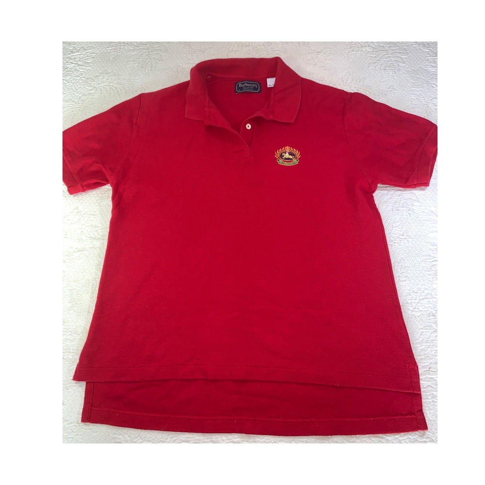 Vintage 90s Burberrys Red Polo Shirt Embroidered Crest Logo Mens Small USA‎ Made